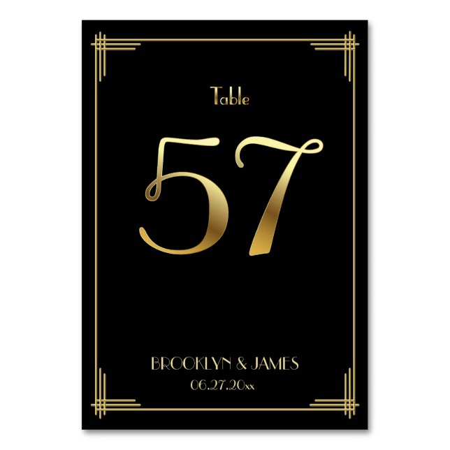 Great Gatsby Art Deco Table Number 57 Gold Black (Front)