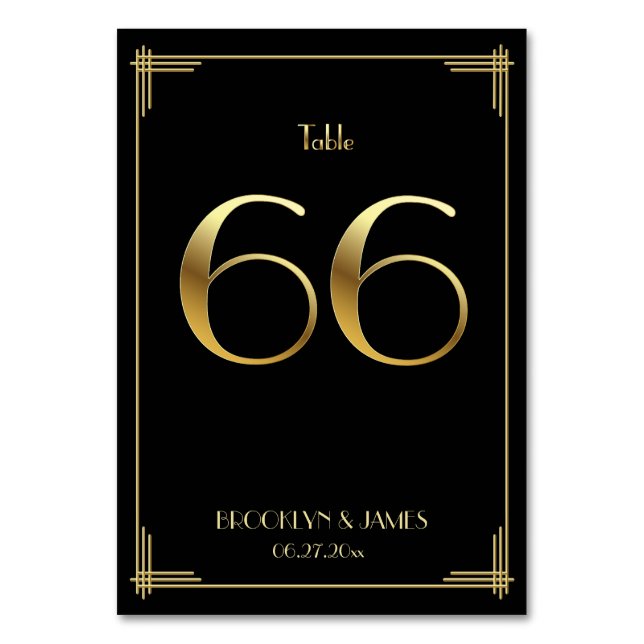 Great Gatsby Art Deco Table Number 66 Gold Black (Front)