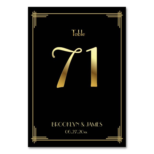 Great Gatsby Art Deco Table Number 71 Gold Black (Front)