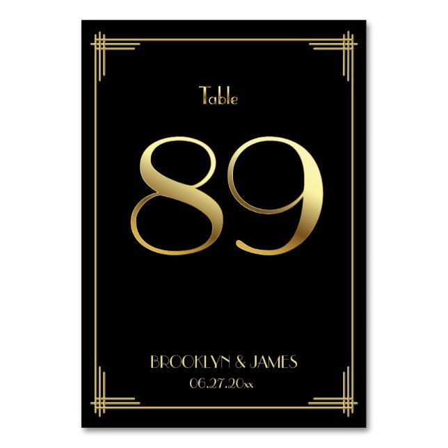 Great Gatsby Art Deco Table Number 89 Gold Black (Front)