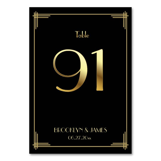 Great Gatsby Art Deco Table Number 91 Gold Black (Front)