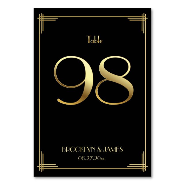 Great Gatsby Art Deco Table Number 98 Gold Black (Front)