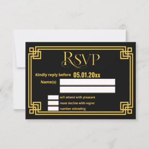 Great Gatsby Black Art Deco Wedding RSVP Card
