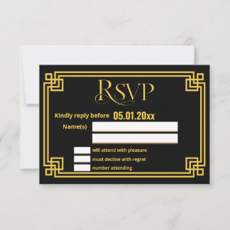 Great Gatsby Black Art Deco Wedding RSVP Card