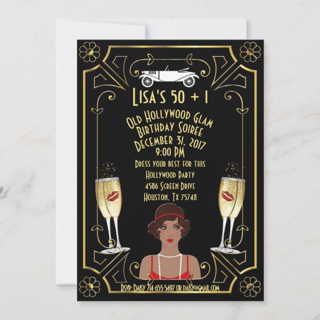 Great Gatsby Black Flapper Girl Hollywood Invite (Front)