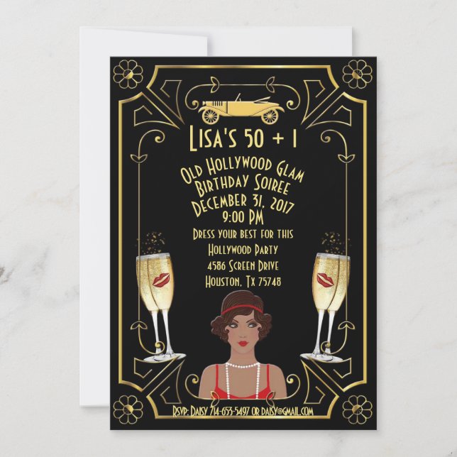 Great Gatsby Black Flapper Girl Hollywood Invite (Front)