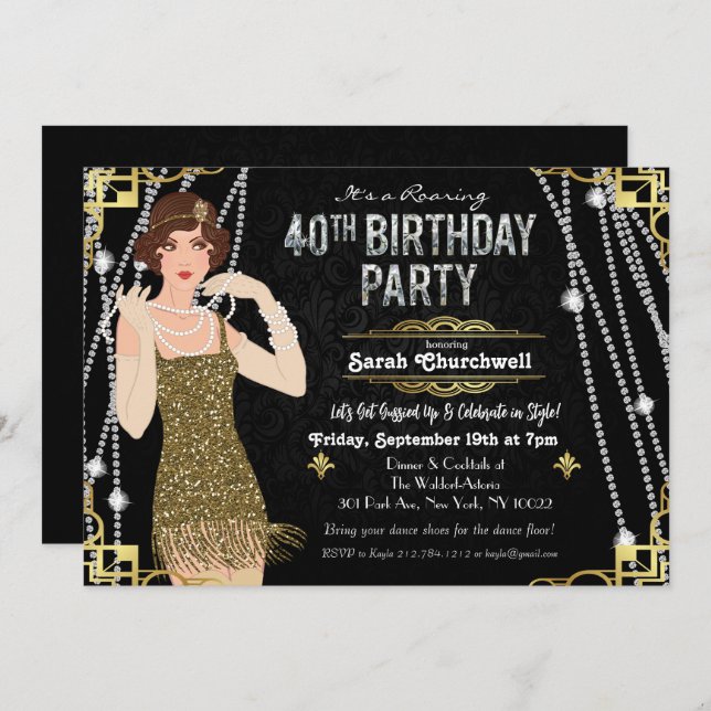 Great Gatsby Flapper Girl 40th Birthday Invitation (Front/Back)