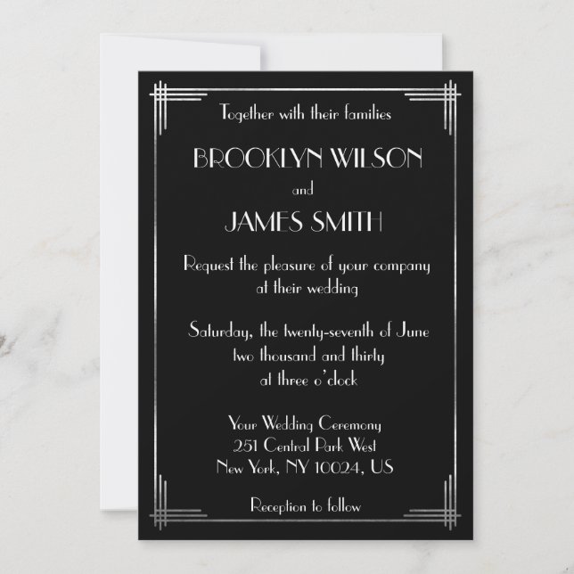 Great Gatsby Silver Foil Art Deco Wedding Invites (Front)