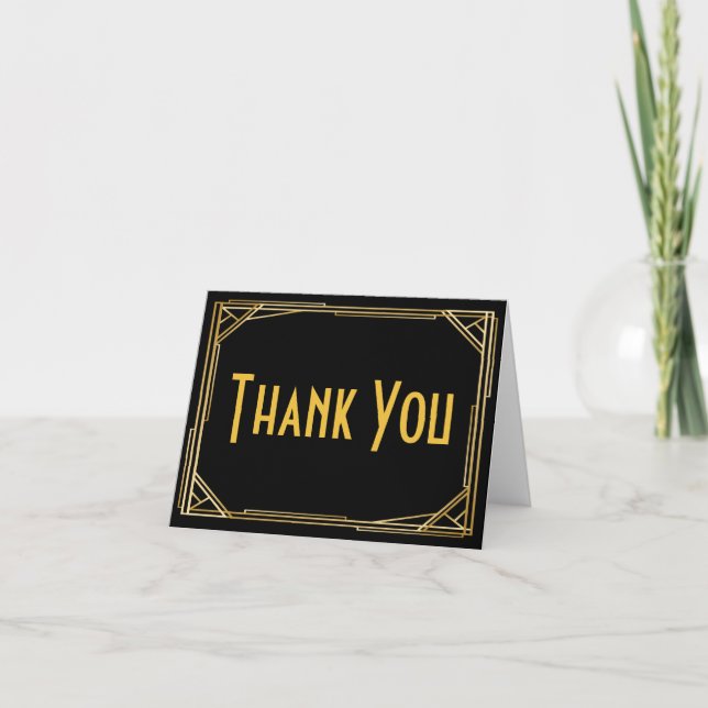 Great Gatsby Thank You Black Gold Art Deco Wedding Card (Front)