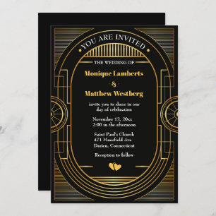 Great Gatsby Wedding Art Deco Black & Gold Vintage Invitation