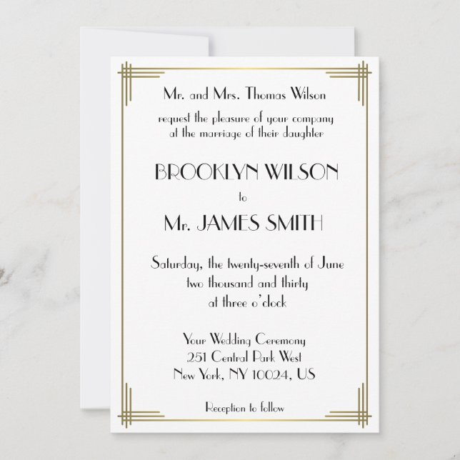 Great Gatsby White Gold Art Deco Wedding Invites (Front)