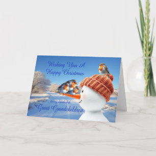 Great Grandchildren Robins and Snowman Christmas Holiday Card
