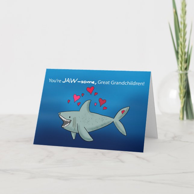 Great Grandchildren Valentines Day Shark With Hear Card (Front)