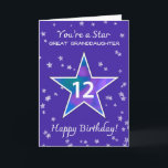 Great Granddaughter 12th Birthday Shining Star Card<br><div class="desc">Mark your great-granddaughter’s 12th birthday with a card that reflects her colour, creativity, and heart. A standout star shines in watercolor tones of pink, green, purple, and blue—surrounded by softly textured stars on a peaceful periwinkle background. It's a lovely and encouraging way to honour the young lady she’s becoming and...</div>