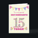 Great Granddaughter 15th Birthday Primroses Card<br><div class="desc">A pretty 15th Birthday card for your great granddaughter, with polka dot bunting, primrose flowers and numbers filled with a primrose pattern, all on a pale yellow check gingham background. The front cover message is, 'To a very special GREAT GRANDDAUGHTER 15 TODAY!' The inside message is just a suggestion and...</div>