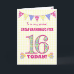 Great Granddaughter 16th Birthday Primroses Card<br><div class="desc">A pretty 16th Birthday card for your great granddaughter, with polka dot bunting, primrose flowers and numbers filled with a primrose pattern, all on a pale yellow check gingham background. The front cover message is, 'To a very special GREAT GRANDDAUGHTER 16 TODAY!' The inside message is just a suggestion and...</div>
