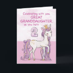 Great Granddaughter 2nd Birthday Pink Horse Card<br><div class="desc">A sweet pink pony just like your great granddaughter is prancing with the number two! Gold looking details are woven in her mane and tail. Perfect card to wish your great granddaughter her 2nd birthday!
(Digitally rendered golden looking colour)</div>
