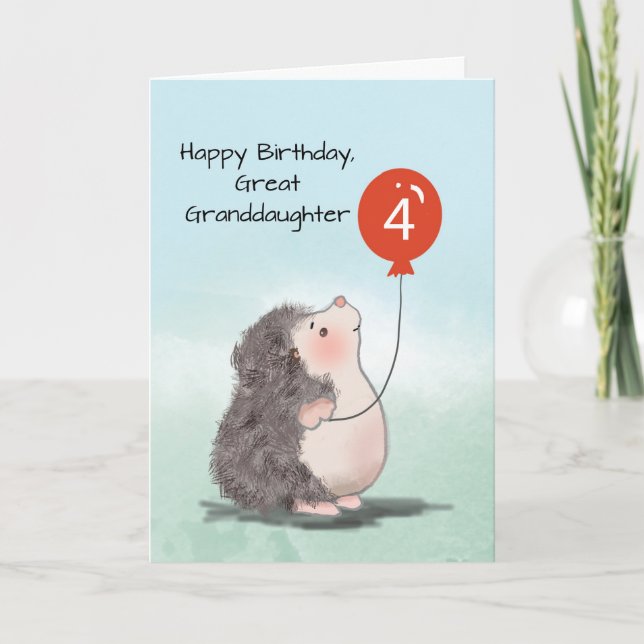 Great Granddaughter 4th Birthday Cute Hedgehog Card (Front)