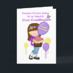 Great Granddaughter Birthday with Balloons Girl Thank You Card<br><div class="desc">This 5x7 card is of a pretty teen girl with brown hair and purple headband, wearing jeans and a purple shirt, holding a purple balloon with "Happy Birthday" on it, a large cupcake and three balloons with streamers floating around her in purple and yellow. Original girl design by Cheryl Killian...</div>