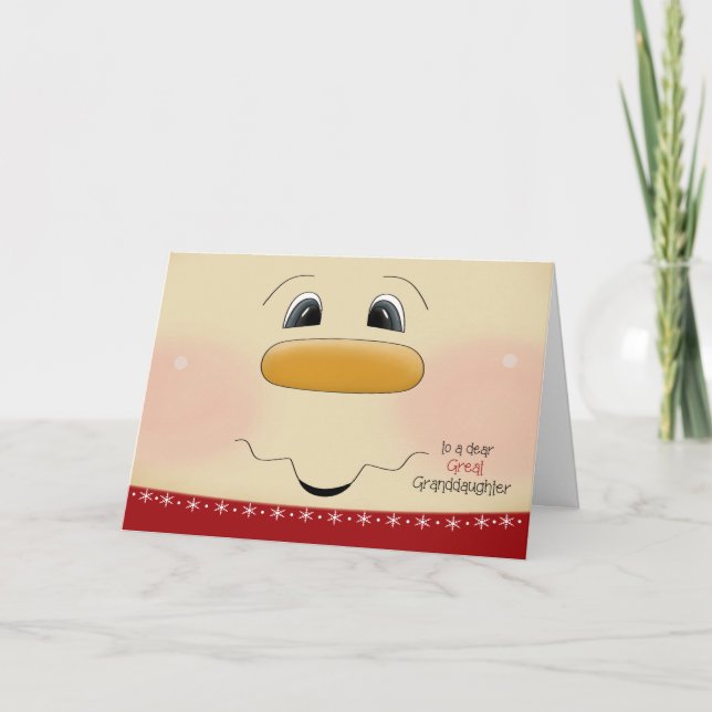 Great Granddaughter Christmas Happy Snowman Face Holiday Card (Front)