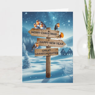Great Granddaughter Christmas Robins on a Signpost Holiday Card