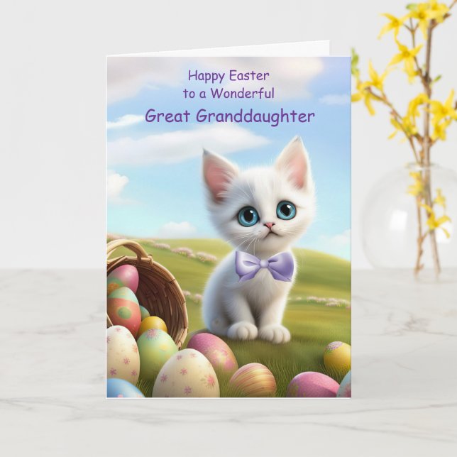 Great Granddaughter Cute Easter with Kitten Card (Yellow Flower)