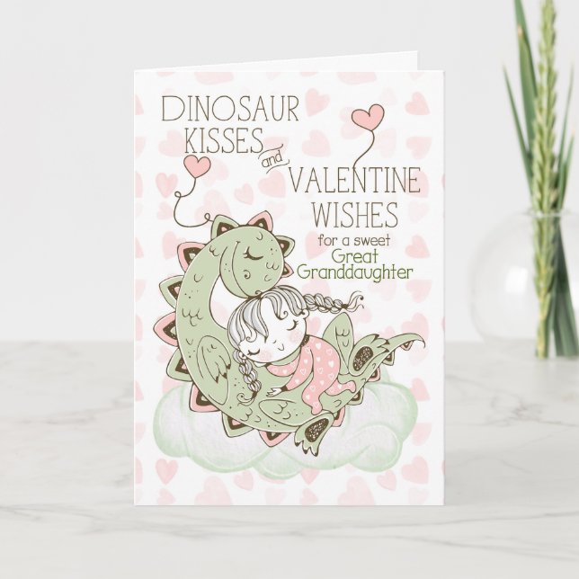 Great Granddaughter Dinosaur Kisses Valentine Holiday Card (Front)