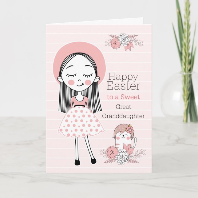 Great Granddaughter Girl and Cat Pink Black Easter Holiday Card (Front)