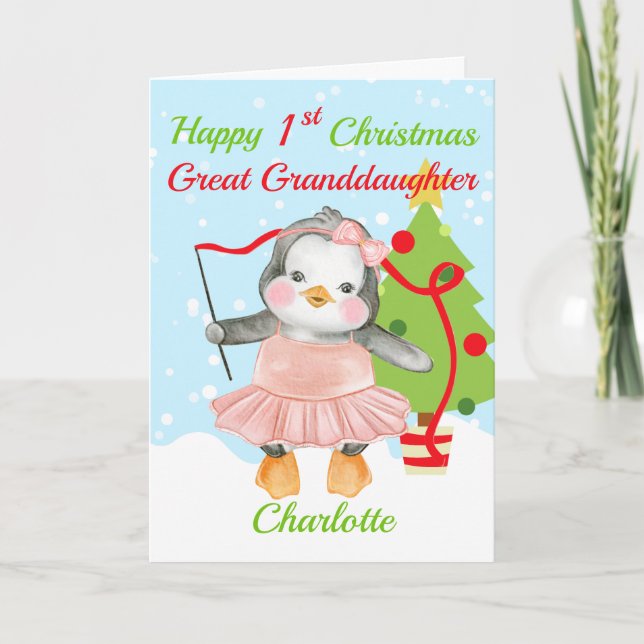 Great Granddaughter Happy 1st Christmas Penguin  Holiday Card (Front)