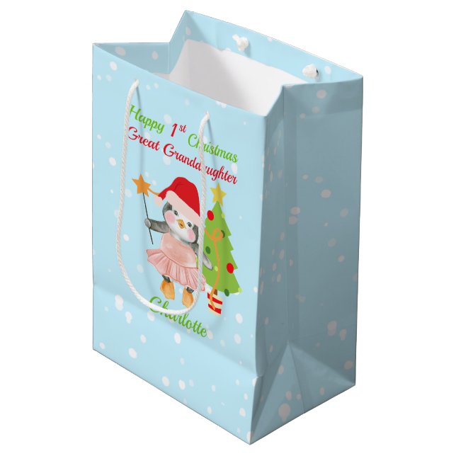 Great Granddaughter Happy 1st Christmas Penguin  Medium Gift Bag (Front Angled)