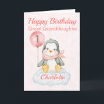 Great Granddaughter Penguin Happy 1st Birthday Card<br><div class="desc">A cute 1st birthday Great Granddaughter baby penguin birthday card. The card features a baby girl penguin sitting on a cloud holding a balloon. A sweet design for a little girl who will be one year old. Add the child, s name to the front of the card to customise it...</div>