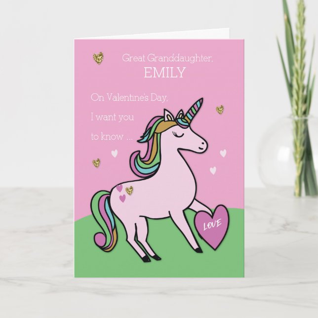 Great Granddaughter, Unicorn Valentine's Day Card (Front)