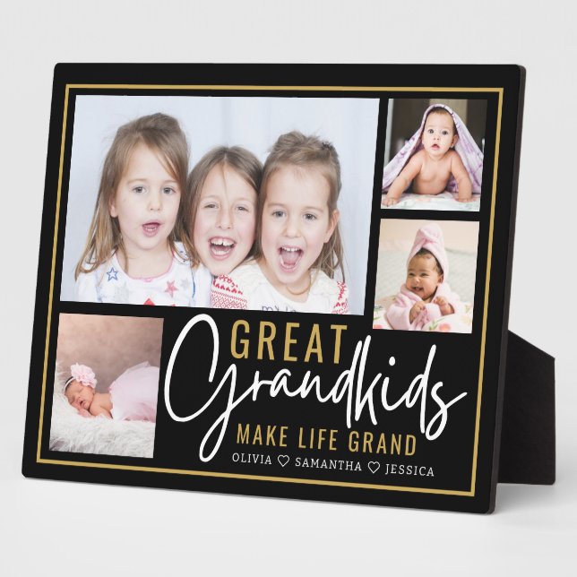Great Grandkids Make Life Grand Black Gold 4 Photo Plaque (Side)