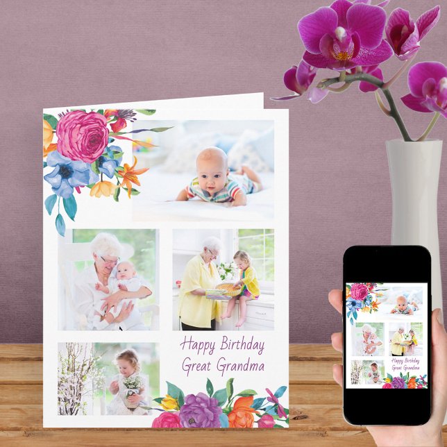 Great Grandma 4 Photo Colourful Flowers Birthday Card (Creator Uploaded)