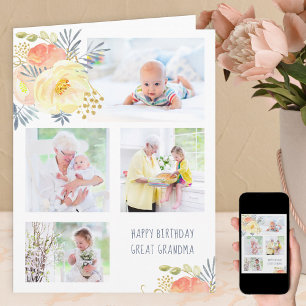 Great Grandma 4 Photo Peach Yellow Floral Birthday Card