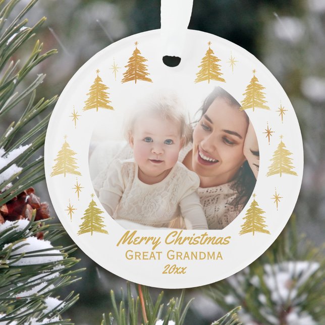 Great Grandma Christmas Photo White and Gold Ornament (With your great grandma a merry christmas with a photo ornament keepsake)