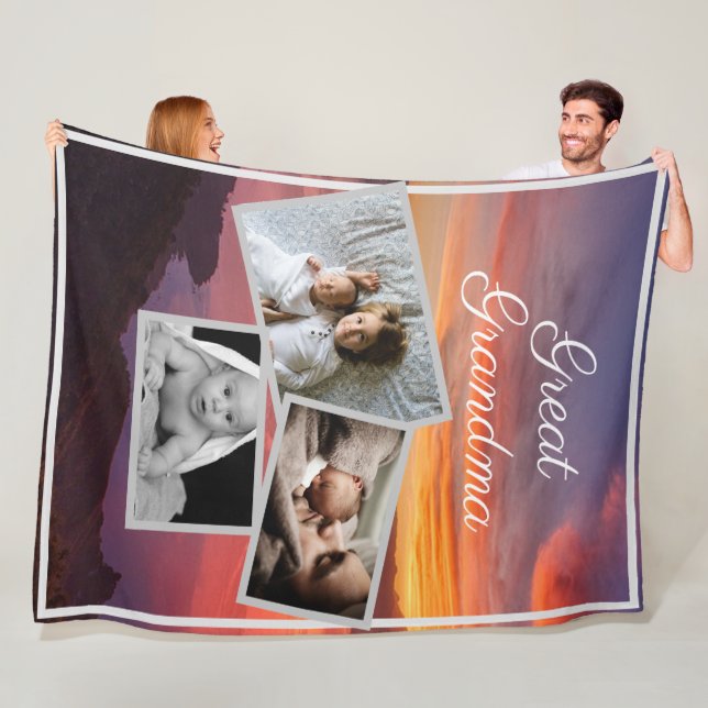 Great Grandma Custom Kid's Photos Over Sunrise Fleece Blanket (In Situ)