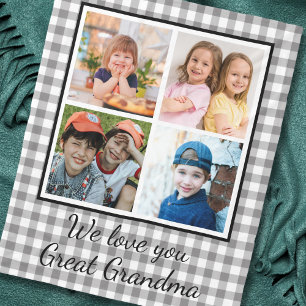 Great Grandma Gray Buffalo Plaid 4 Photo Collage Fleece Blanket