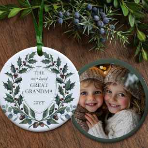 Great Grandma Holly Crest Christmas Photo Ceramic Tree Decoration