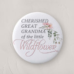 Great Grandma of a Little Wildflower Baby Shower 6 Cm Round Badge<br><div class="desc">Celebrate the upcoming arrival of your little one with our "Pink Wildflower Baby Girl Shower Button Pin, " a perfect addition to any baby shower with its charming wildflower and pink theme. This beautifully designed button pin features the word 'Wildflower' in elegant, classic calligraphy, adorned with a delicate watercolor pink...</div>
