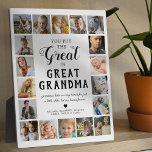 Great Grandma Photo Plaque<br><div class="desc">Personalised great grandmother photo plaque featuring the cute saying "you put the great in great grandma",  18 pictures of the grandkids,  their names,  and the sweet caption "grandmas hold our tiny hands for just a little while,  but our hearts forever".</div>