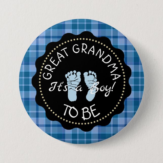 GREAT GRANDMA to be  Blue Plaid Baby Shower button (Front)
