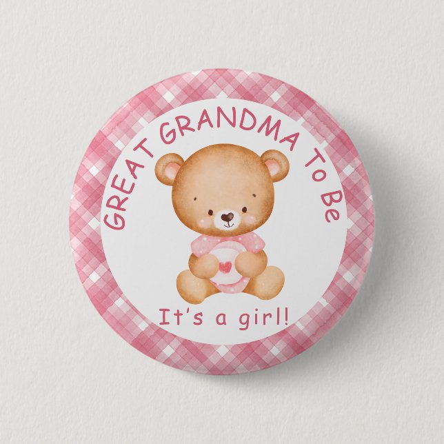 GREAT GRANDMA to be Pink Plaid Baby Shower 6 Cm Round Badge (Front)