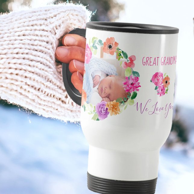 Great Grandma We Love You | 2 Photo Floral Travel Mug (Creator Uploaded)