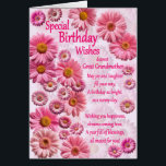Great Grandmother Special Birthday Wishes Daisies<br><div class="desc">A beautiful birthday card for a great grandmother. A wonderful birthday card full of pink daisies. A lovely heartfelt verse completes the lovely feeling this card brings. Send sincere birthday wishes to someone special.</div>