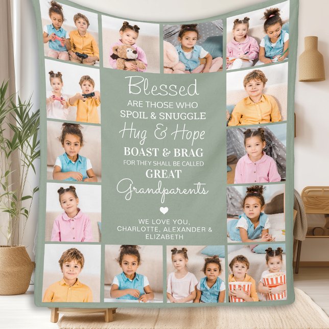 Great Grandparents Custom Sage Green Photo Collage Fleece Blanket (Creator Uploaded)