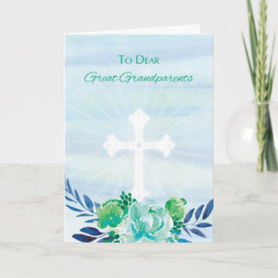 Great Grandparents Teal Blue Flowers Cross Easter Holiday Card