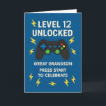 Great Grandson 12th Birthday Game Controller Age Card<br><div class="desc">Celebrate your great grandson’s 12th birthday with this bold and playful gaming-themed design! “Level 12 Unlocked” appears above a colourful controller surrounded by lightning bolts on a bright blue background, perfect for preteens who enjoy gaming and good times. The inside message cheers on all the good he brings to the...</div>