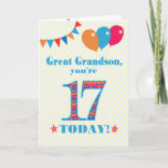 Great Grandson 17th Birthday Bunting Balloons Card<br><div class="desc">A colorful birthday card for a 17-year-old great grandson, The large number 17 is filled with an orange, red and blue pattern, outlined in bright blue. There are balloons and bunting at the top, in matching colors and the front cover greeting is, 'Great grandson, you're 17 today!' in bright red...</div>