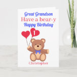 Great Grandson 1st Bear-y Birthday Card<br><div class="desc">Great Grandson Have a bear-y Happy Birthday card featuring a teddy bear holding 2 red heart balloons with the birthday boy's age . A fun play on words. A great card to send to your great grandchild to celebrate his birthday . All text can be amended to customised the card...</div>